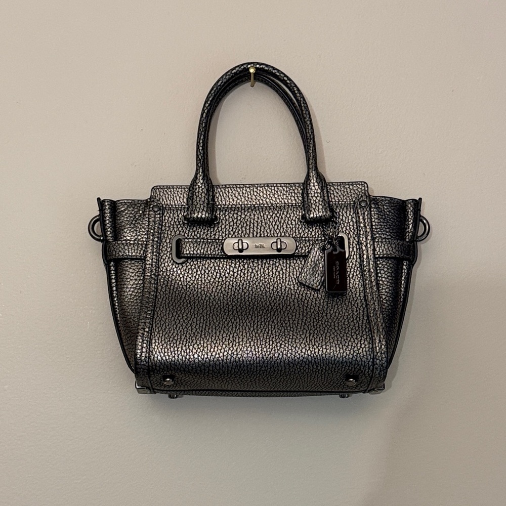 Coach Gun Metal Metallic Swagger Bag- Pebble Leather with Strap! In Great Shape!
